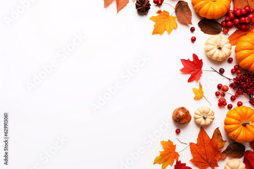 Thanksgiving background. Top view white wood table decor from pumpkin  red berry  dry leaves with copy space. Autumn and fall season background. Thanksgiving day or Halloween concept.