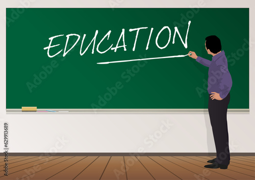 Concept de l’école et de la réussite scolaire, avec un professeur qui écrit le mot, éducation sur le tableau de la classe.