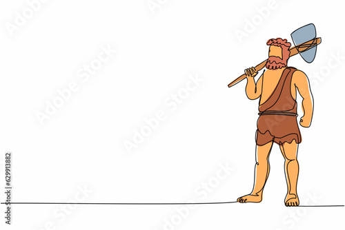 Continuous one line drawing prehistoric man holding stone axe on shoulders. Stone age primitive caveman hunter in animal hide pelt with stone axe. Single line draw design vector graphic illustration