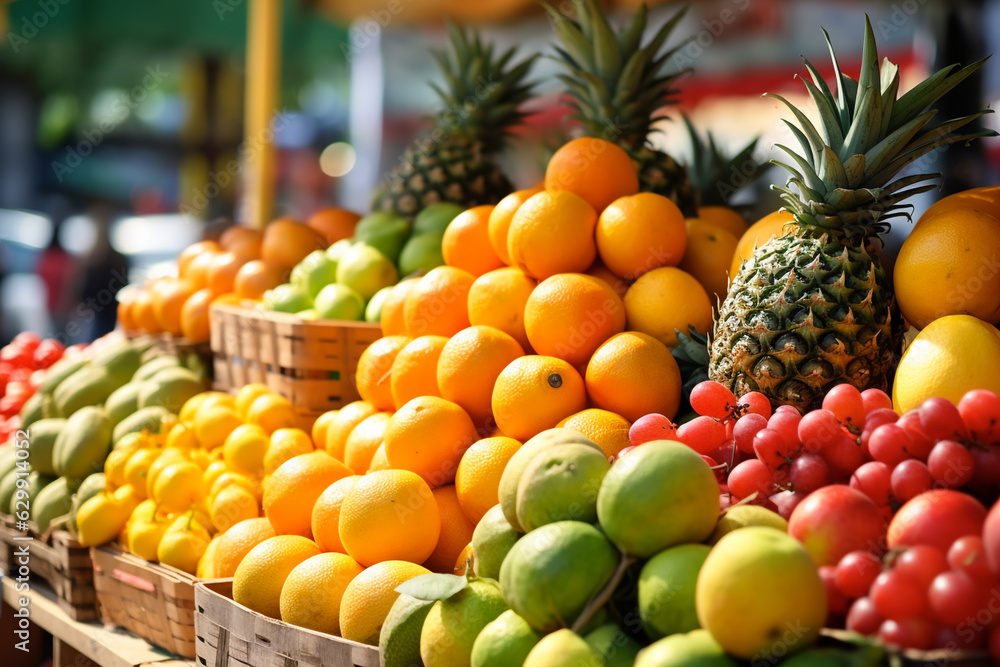 Various fresh fruits and berries at farmers market. Generative AI