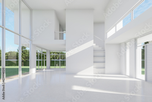 Mininal style white high empty room with garden view 3d render sunlight into the room large glass window overlooking nature view.