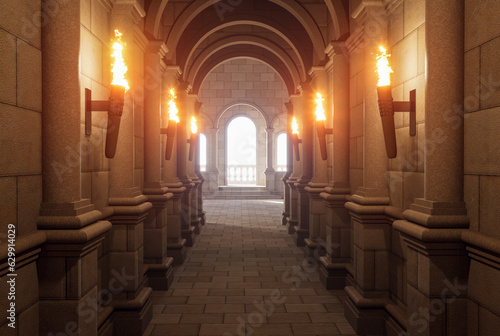 Cinematic style an ancient ornate tunnel, the end of which is a hall made of stone decorated with torches and arched 3d render illustration