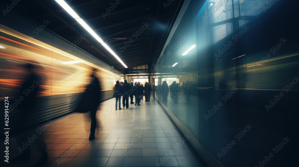 A train station subway with blurred motion and walking people 