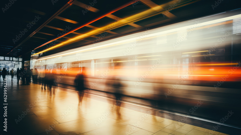 A train station subway with blurred motion and walking people 