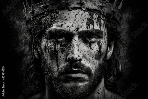 Jesus Christ wearing crown of thorns portrait. Crucifixion of Jesus the son of God. Generative Ai