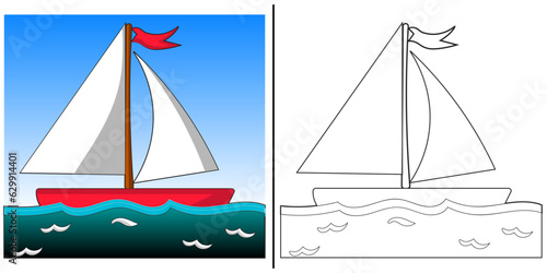 Fun sailboat coloring page for kids.  Vector cartoon illustration