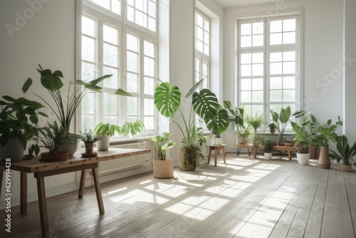 An example of an empty space with a range of lovely and low maintenance indoor plants by a window with natural light empty wall  mockup  and space tall ceilings  going green Monstera  a natural air pu