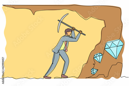Single one line drawing active businessman digging with pickaxe to get diamond. Worker digging and mining for diamond in an underground tunnel. Continuous line draw design graphic vector illustration
