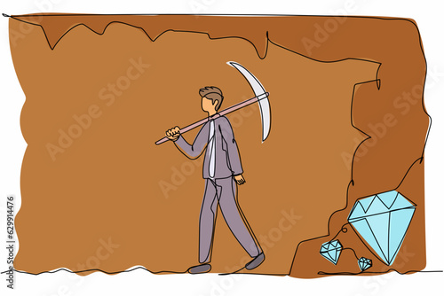 Continuous one line drawing exhausted businessman give up before reach diamonds. Worker stop digging with pickaxe, not knowing precious diamond almost revealed. Single line design vector illustration