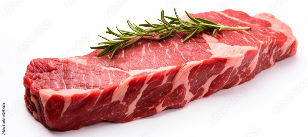 Raw beef and rosemary on white background. Generative AI technology. Raw beef and rosemary on white background. Generative AI technology.