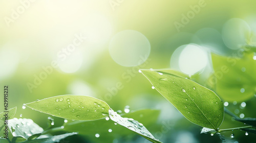 Green grass and leaves. Rain and dew combination. Summer or spring background.  photo