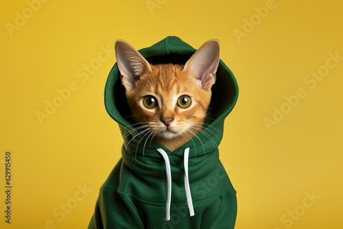 Portrait of Abyssinian kitten wearing green hoody on plain yellow background. Humanised animal concept. © SalenayaAlena