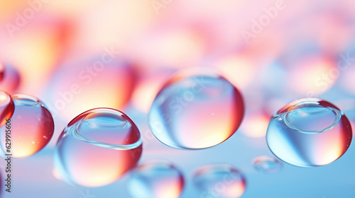 Gentle flow of water droplets on a surface creating subtle ripples and reflections, soft and pastel color palette, macro photography © tashechka
