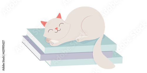A cute cat sleeps on a stack of books. Vector illustration on a transparent background.