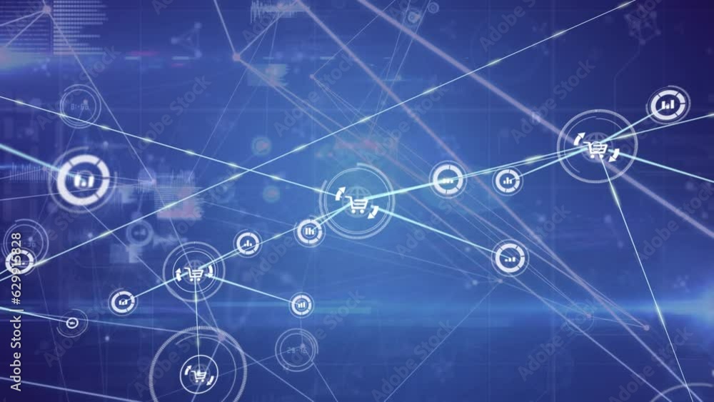 Animation of data and network of connections with icons over dark background Animation of data and network of connections with icons over dark background
