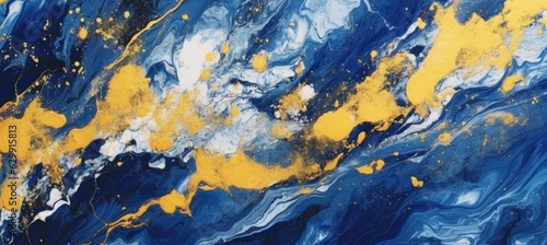 Abstract liquid marble ink texture background. Blue gold colors. Generative AI technology.
