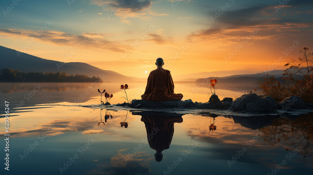 silhouette of a person sitting on a lake at sunset