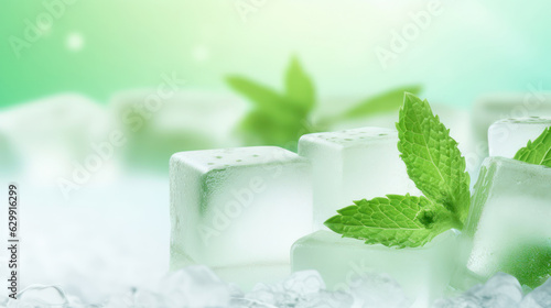 Mint ice cubes close-up on light green background