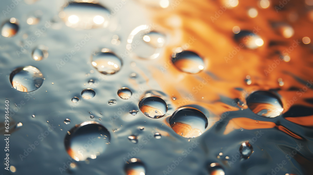 Partial close-up of raindrops falling on the ground, water ripples, cool summer background