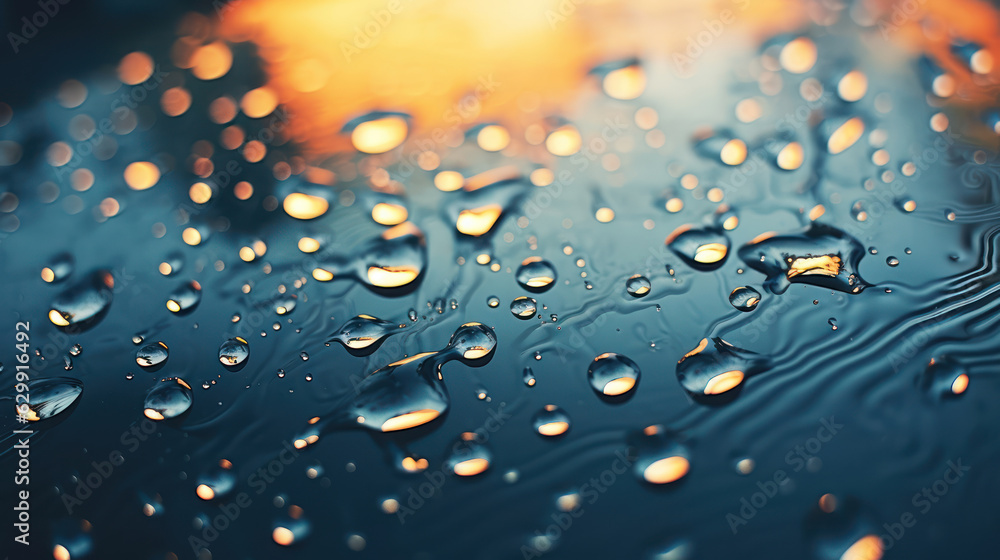 Partial close-up of raindrops falling on the ground, water ripples, cool summer background