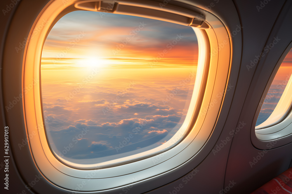Sunset view from airplane window over the clouds ai generated art
