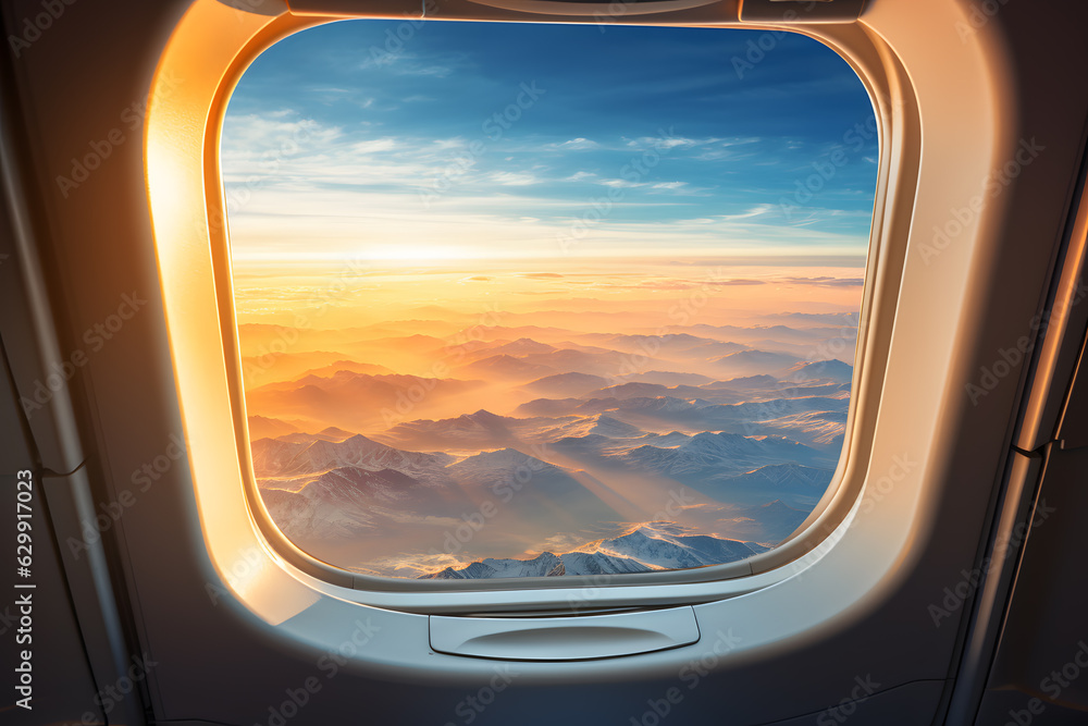 Amazing view from airplane window over mountains and clouds ai generated art. Amazing view from airplane window over mountains and clouds ai generated art.