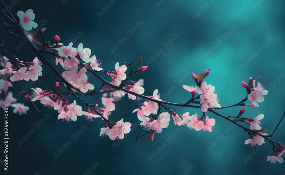 Pink cherry blossoms branch on a blurred blue background - Blossoming Japanese sakura tree with dew drops and butterflies Pink cherry blossoms branch on a blurred blue background - Blossoming Japanese sakura tree with dew drops and butterflies
