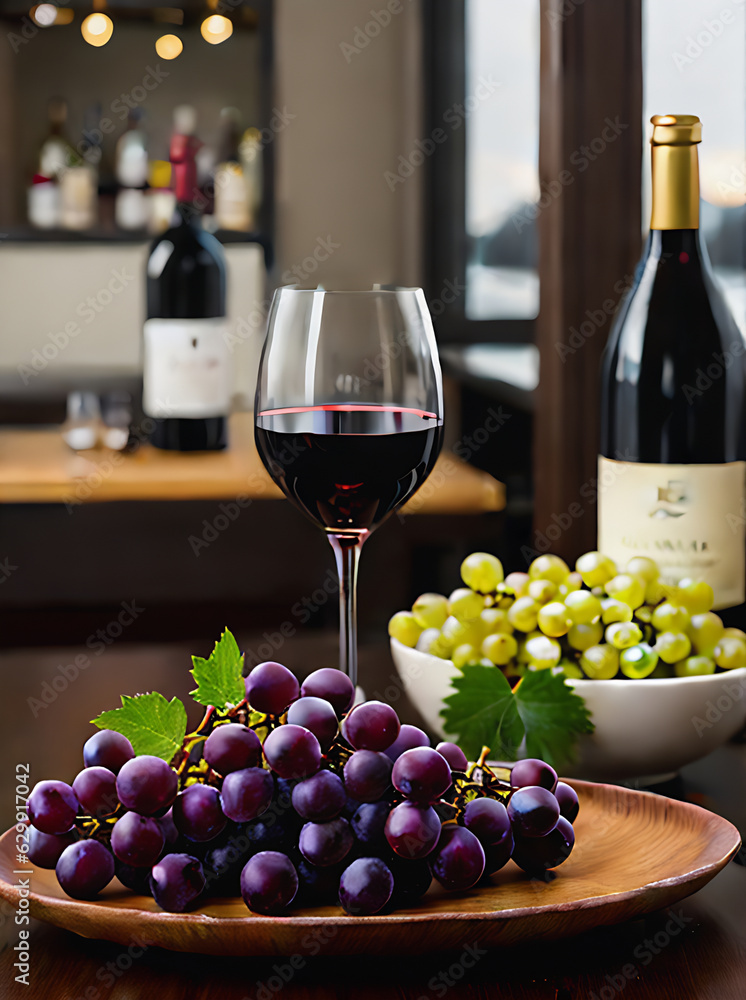 Realistic grapes wine cozy restaurant warm lighting