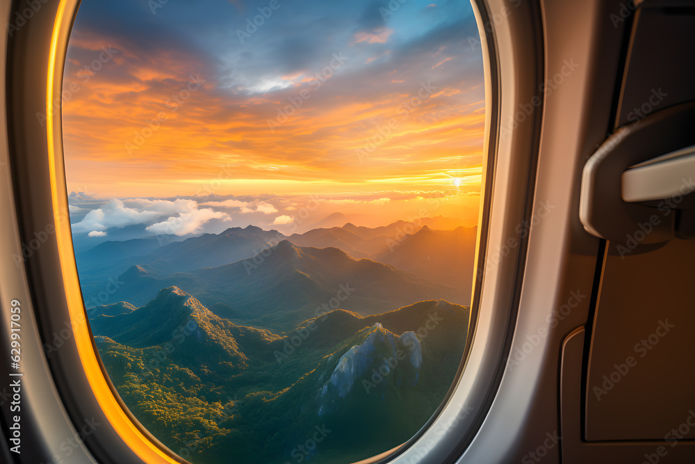 Beautiful mountain view with nice peaks from plane window in sunset ai generated art.	
