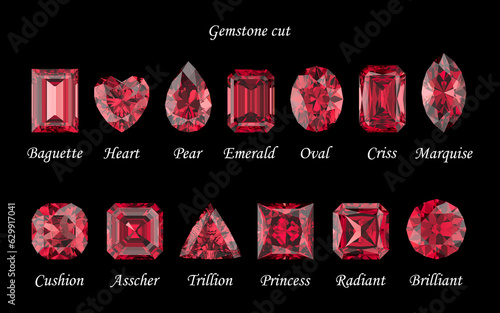 Set of rubies in different cuts. Cutting scheme. Crystals on a black background. Jewelry technologies. 3d rendering.