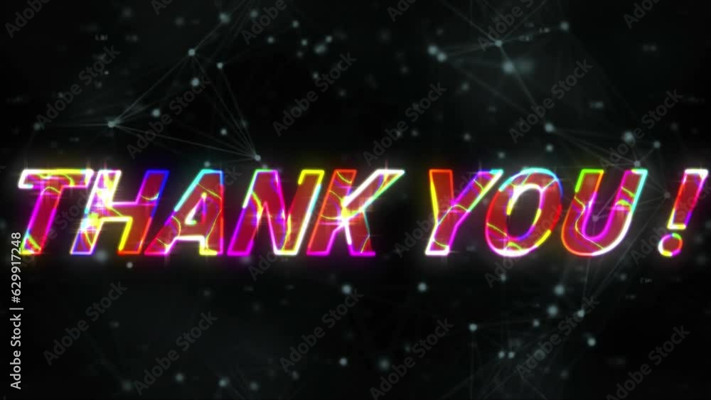 Animation of thank you text over connections with lights background