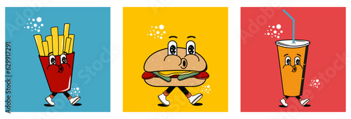 Set of food posters in groovy style. Y2k. Hippie and style of the 60s and 70s. Vector stock illustration. isolated. Retro. Fast food and drink
