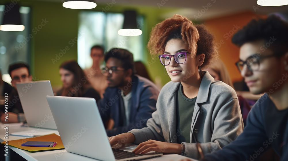 Smart Creative Female Student Studying in University with Diverse Multiethnic Classmates. Young Woman with Colored Short Hair is Using a Laptop Computer in College. Generative AI. Smart Creative Female Student Studying in University with Diverse Multiethnic Classmates. Young Woman with Colored Short Hair is Using a Laptop Computer in College. Generative AI.