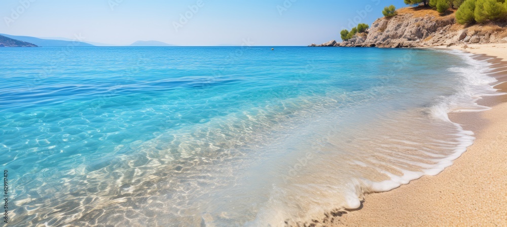 Tropical beach shore background. Vacation holidays wallpaper. Generative AI technology.