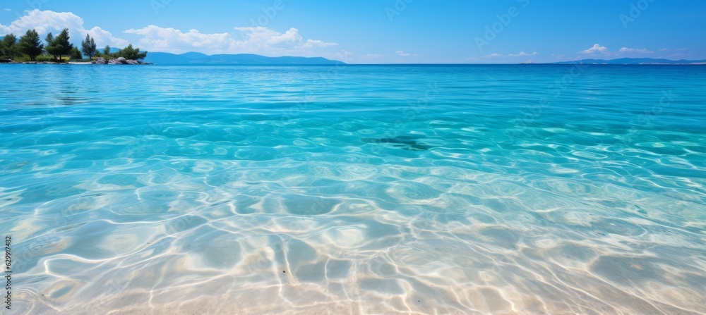 Clear blue ocean beach water background. Vacation holidays wallpaper. Generative AI technology. Clear blue ocean beach water background. Vacation holidays wallpaper. Generative AI technology.