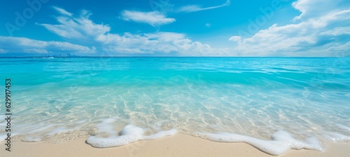 Summer beach and soft blue clear ocean water background. Vacation holidays wallpaper. Generative AI technology.