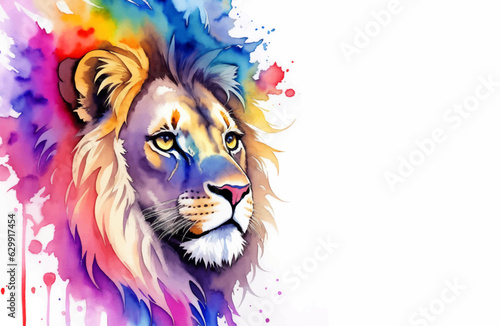 Watercolor Animal Illustration with Beautiful Wild Lion on White Background. Aquarel Painted Style Zoo Wallpaper Design for Banner, Poster, Invitation or Cover.