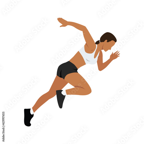 Woman runner sprinter explosive start in running. Flat vector illustration isolated on white background
