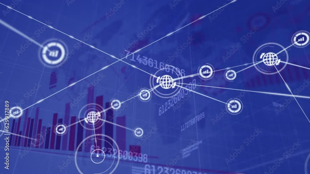 Animation of network of digital icons and changing numbers over world map and data processing Animation of network of digital icons and changing numbers over world map and data processing