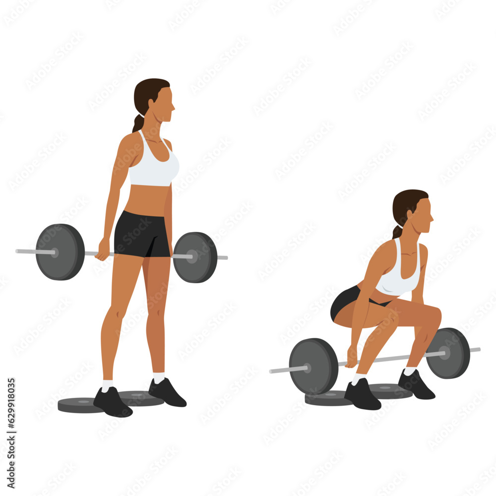 Woman doing barbell hack squat with stepping on the weight plate. Flat vector illustration