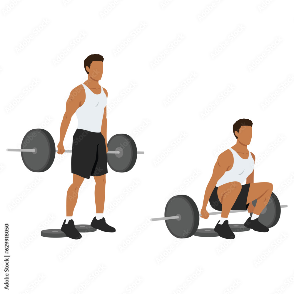 Man doing barbell hack squat with stepping on the weight plate. Flat vector illustration
