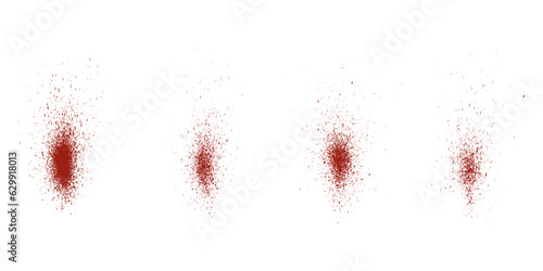 Red Spray Grunge Texture Set, Dirty Pattern. Grainy Brush Paint, Blood Splash. Halftone Stain, Noise Effect Collection. Grain Ink Splatter. Abstract Design Element. Isolated Vector Illustration