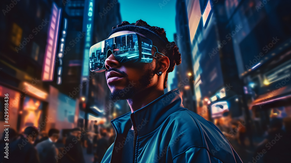 Obraz premium Futuristic Man wearing Virtual Reality VR Glasses experiencing Augmented Reality Interface, ai generative