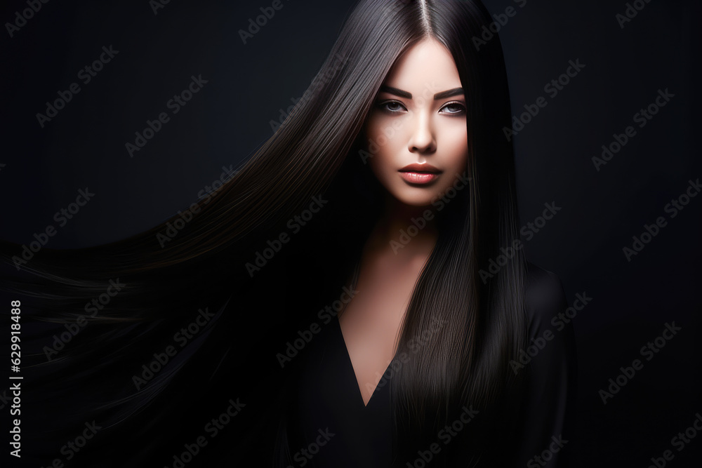 Beautiful young woman with long dark hair on dark background. Generative AI. Beautiful young woman with long dark hair on dark background. Generative AI.