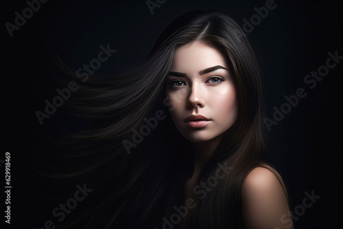 Beautiful young woman with long dark hair on dark background. Generative AI.