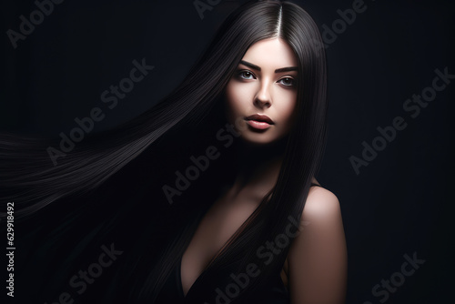 Beautiful young woman with long dark hair on dark background. Generative AI.