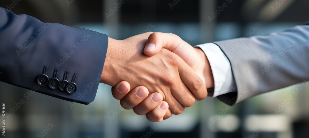 Businessman handshake with blurred office background. Success business partner teamwork. Generative AI technology.