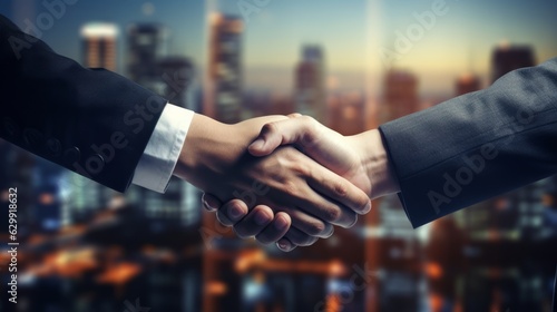 Businessman handshake with blurred sunset city background. Success business partner teamwork. Generative AI technology.