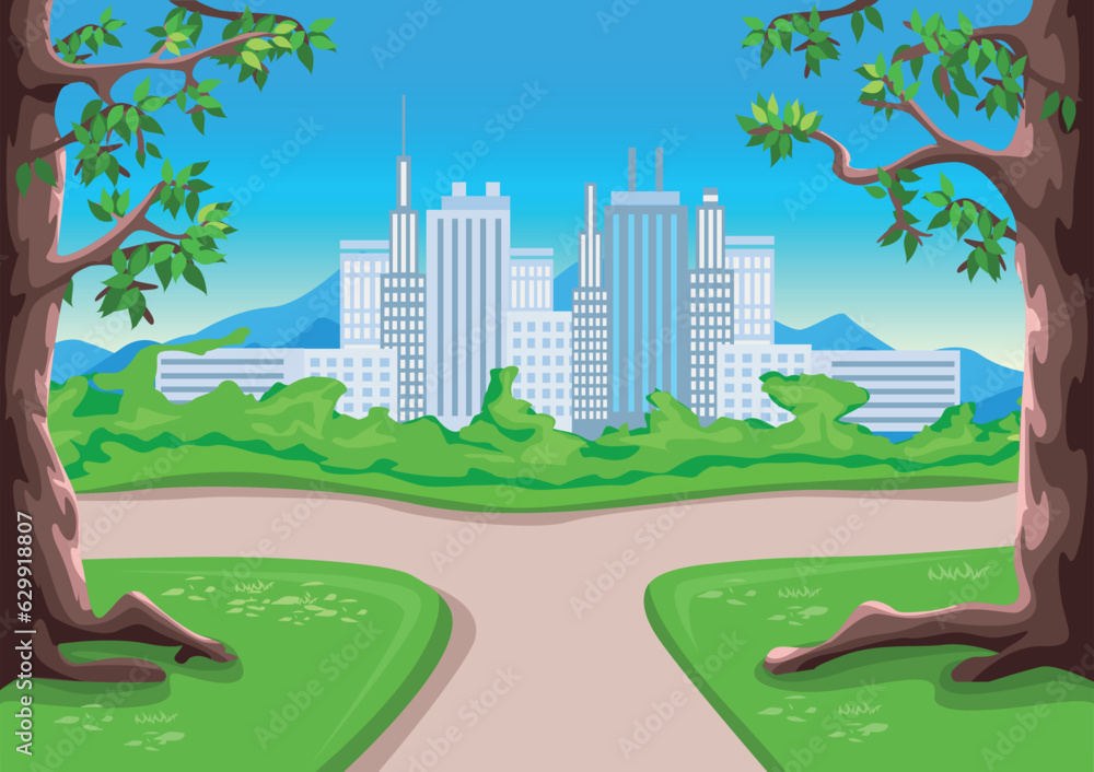 Walkway in a city park with large trees against the backdrop of skyscrapers. Urban landscape in cartoon style. Vector illustration.