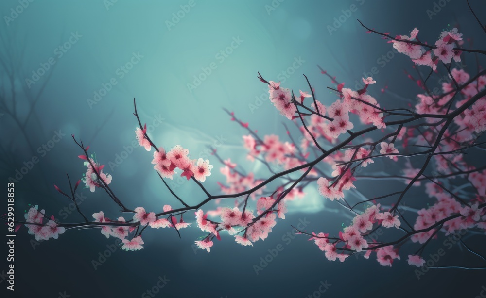 Pink cherry blossoms branch on a blurred blue background - Blossoming Japanese sakura tree with dew drops and butterflies 
